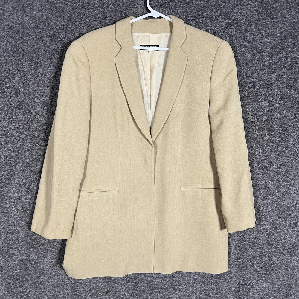 Giorgio Armani‎ Blazer Womens 42 Beige Longline Single Button Work Jacket